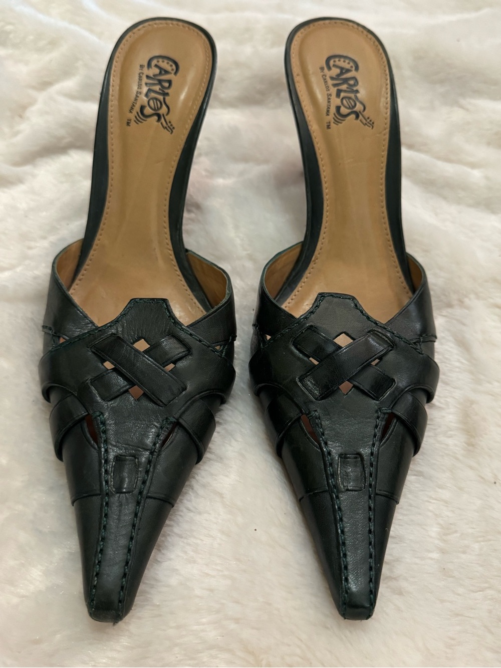 Carlos by Carlos Santana Deep Green Pointed Woven Leather Mules